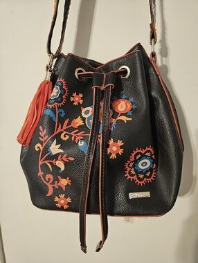 Chumbak Black Cinch Bucket Bag With Colorful Flowers & Owl